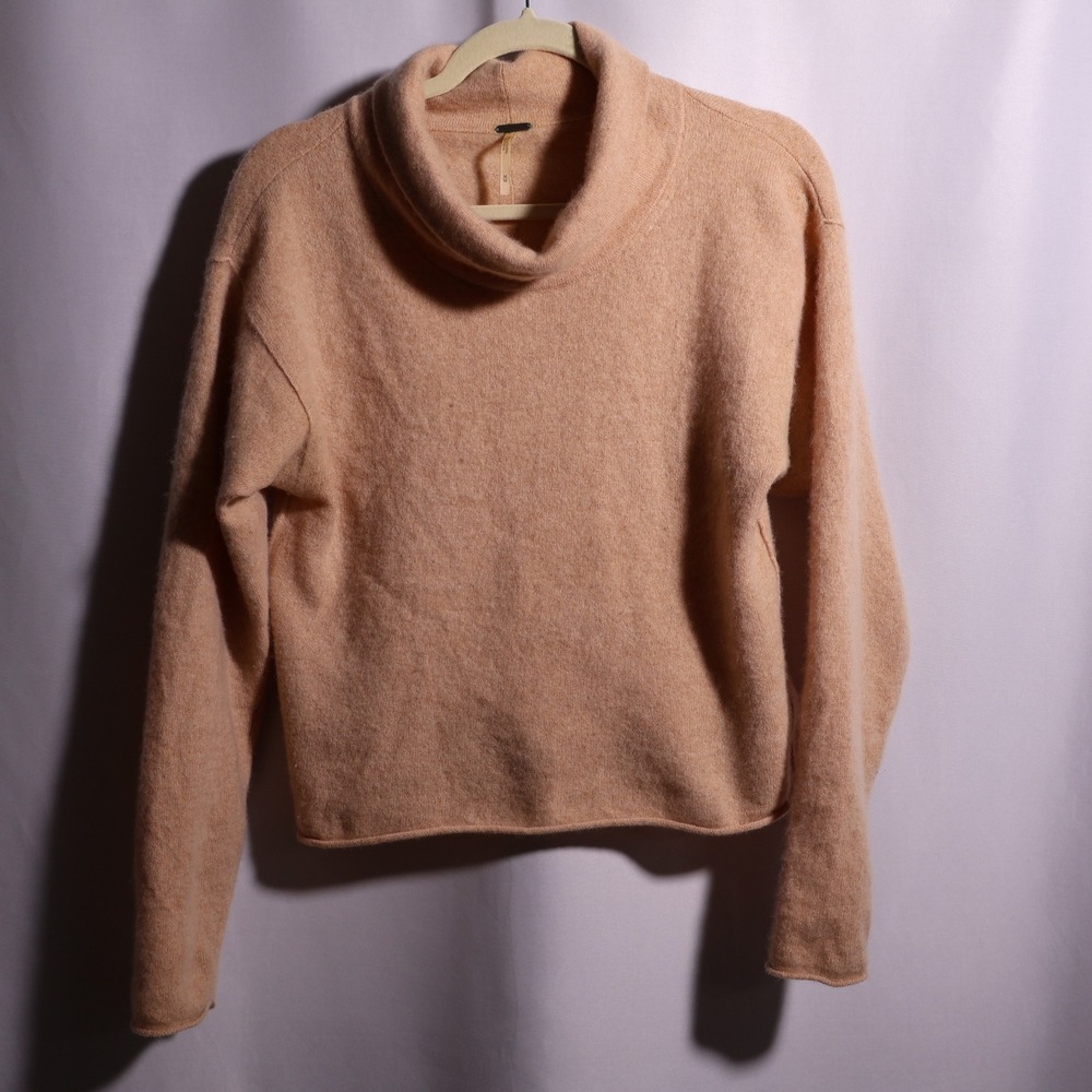 Free People 100% Cashmere Cowl Neck Tan Camel Beige Cropped Sweater M Capsule FP